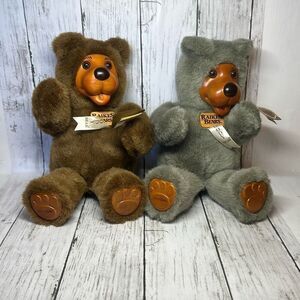 Robert Raikes Bears 12" Woody‎ Bear Wood Face Plush Applause set of 2 Brown Gray